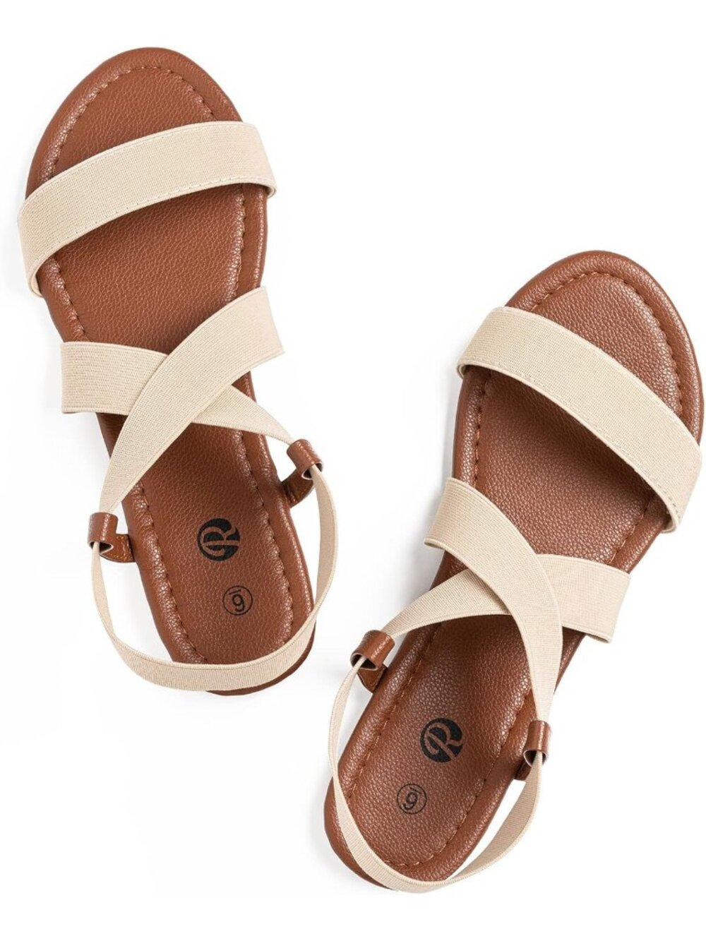 Womens Beige Open Toe Ankle Strap Solid Elastic Slip On Casual Flat Sandal Shoes